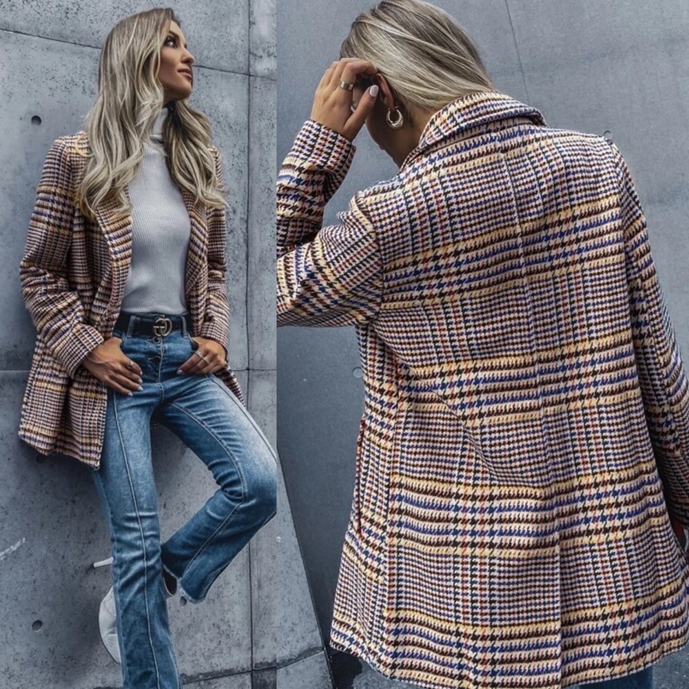 Plaid button up blazer coat trendy vintage style - Picture 2 of 2